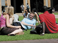 Students on campus lawn