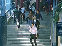 students on campus steps